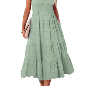 Elegant Women's Green Midi Dress – Sleeveless Sheath with Pleated Details for Summer Outings