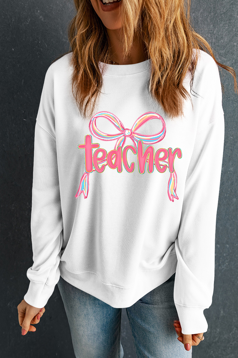 Cozy and Trendy White Sweatshirt with Teacher Bow Slogan - Perfect for Autumn - Detail View 6