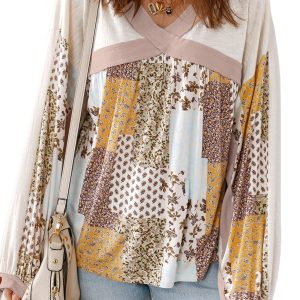 Women's White Floral Printed Contrast Patchwork Long Sleeve Top - Main View
