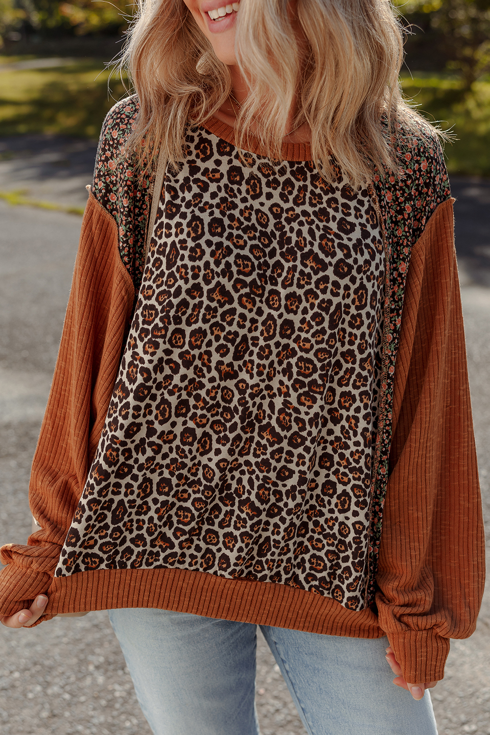 Women's Brown Leopard Floral Print Ribbed Puff Sleeve Pullover - Casual Patchwork Top - Detail View 5