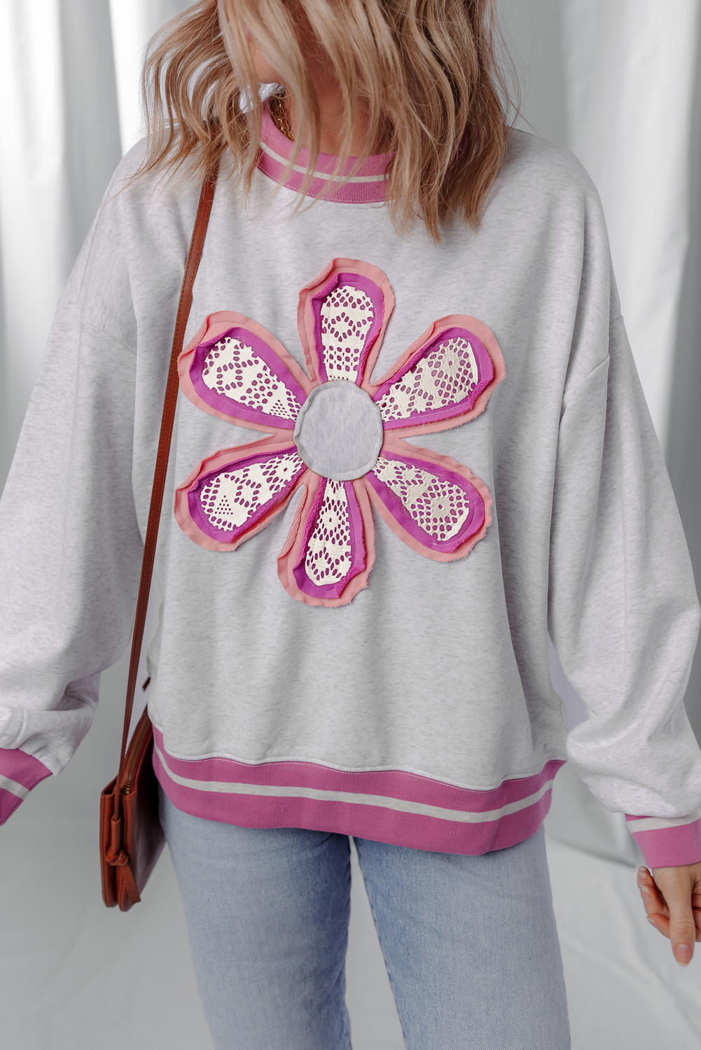 Women's Sweatshirt, Gray, Flower Patch, Contrast Trim, Crew Neck, Long Sleeve, Casual Style, Fall Fashion, Daily Wear, Floral Design, Comfortable, Shift Silhouette, Western Style, Colorblock Decoration - Detail View 16