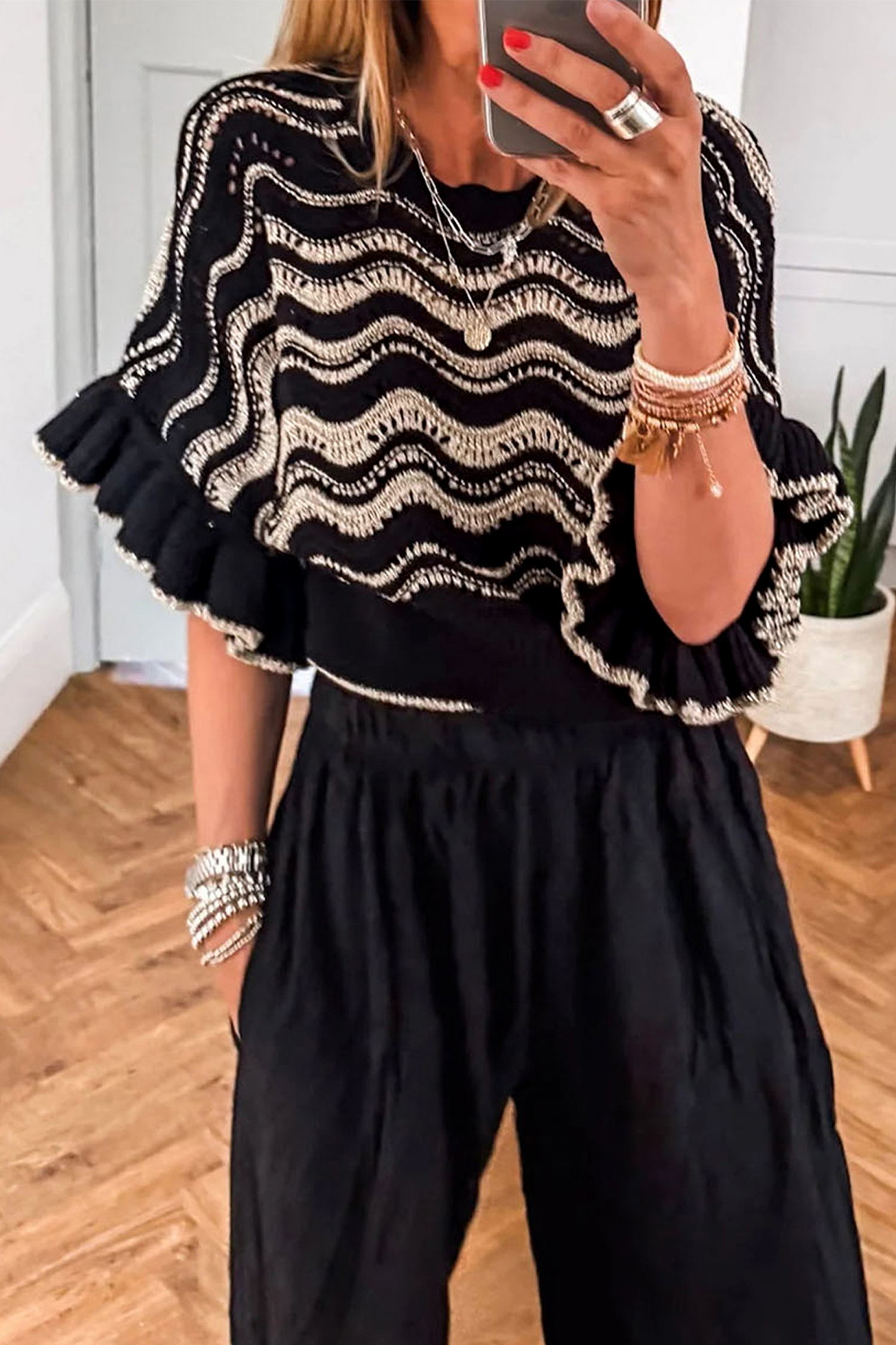 Women's Summer Crochet Eyelet Sweater – Black Stripe Ruffle Sleeve Knit Top, Lightweight Shift Fit - Detail View 6