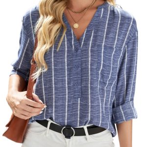 Women's Blue Striped V-Neck Long Sleeve Blouse for Daily Wear