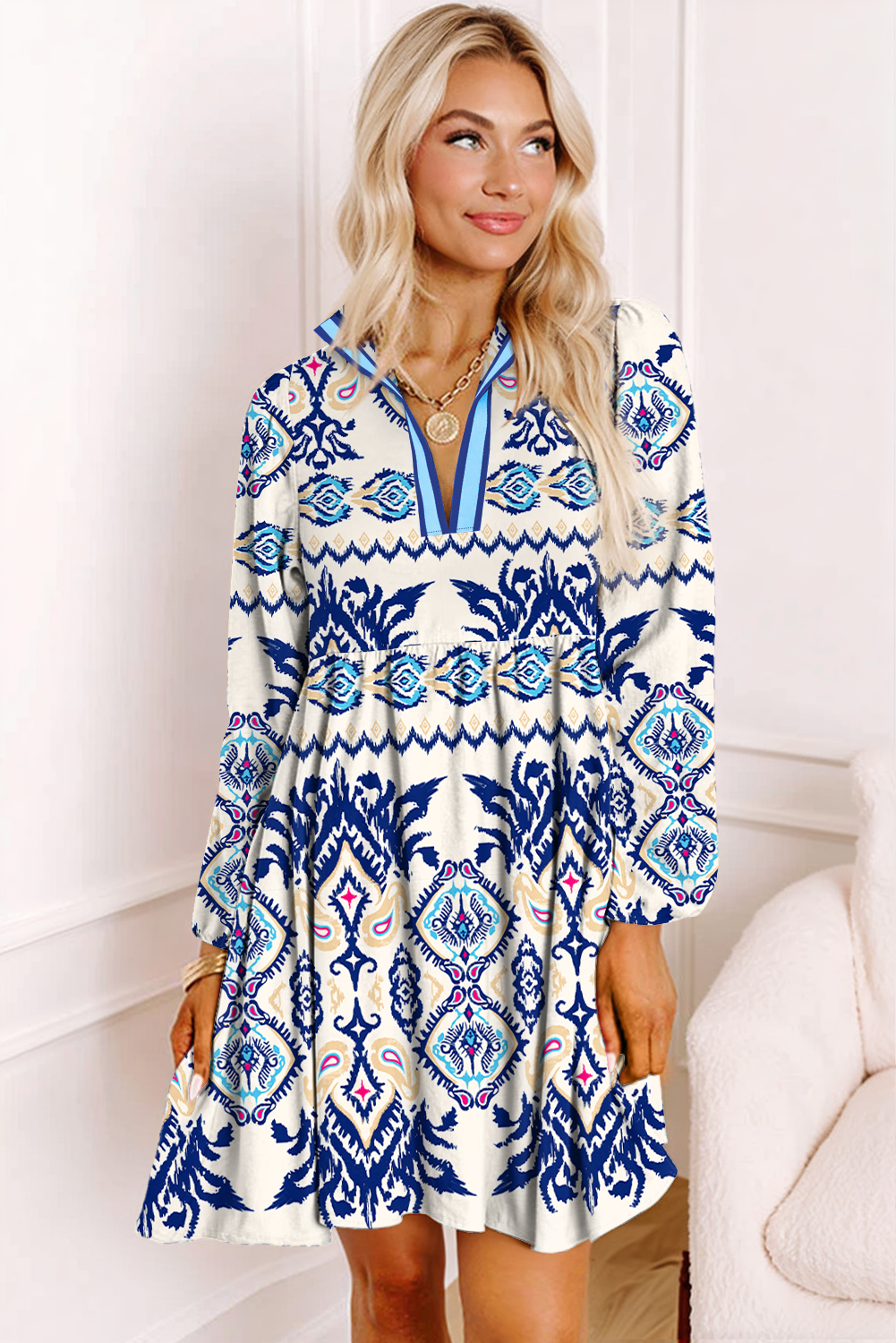 Bohemian Style Blue Abstract Pattern Mini Dress with High Waist and Long Sleeves - Detail View 2