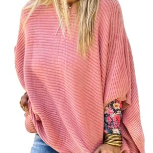 Plus Size Light Pink Ribbed Knit Half Sleeve Poncho Style Sweater for Women - Main View
