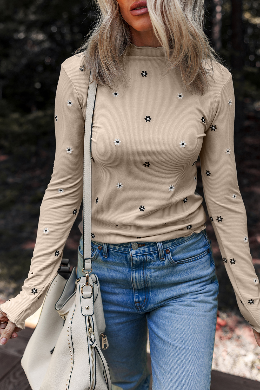 Women's Top, Jet Stream, Floral Embroidery, Ribbed Fabric, Long Sleeve, High Neck, Casual Style, Daily Wear, Fall Fashion, Autumn Collection, Comfortable Fit, Elegant Design, Southern Belle Style - Detail View 8