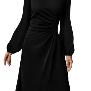 Elegant Black Solid Color Ruched Detail Long Sleeve Midi Dress - Main View