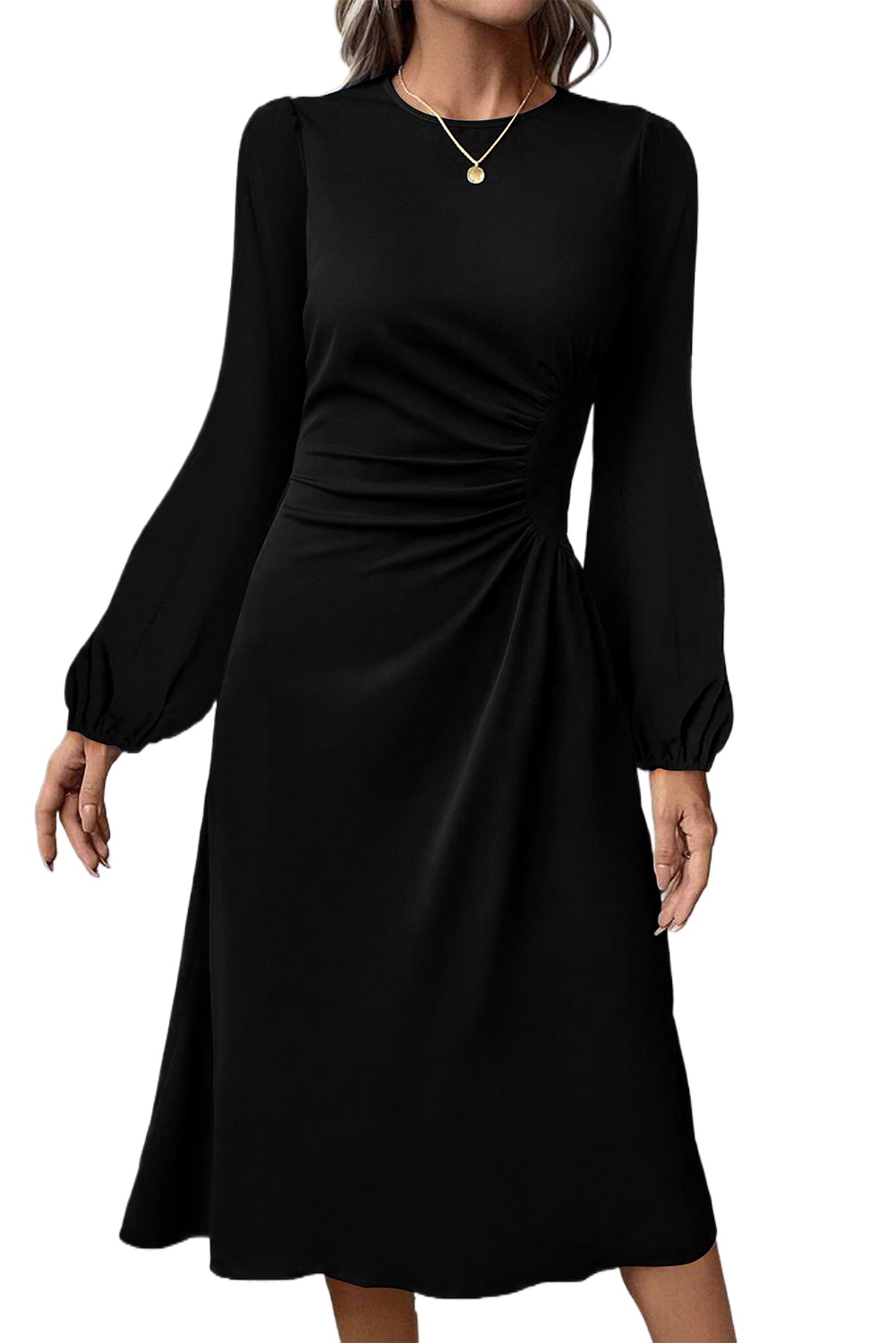 Elegant Black Solid Color Ruched Detail Long Sleeve Midi Dress - Main View
