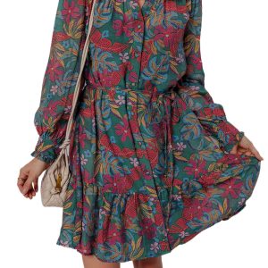 Women's Green Floral Frilled V Neck Puff Sleeve Ruffled Shirt Dress - Elegant Mini Dress - Main View