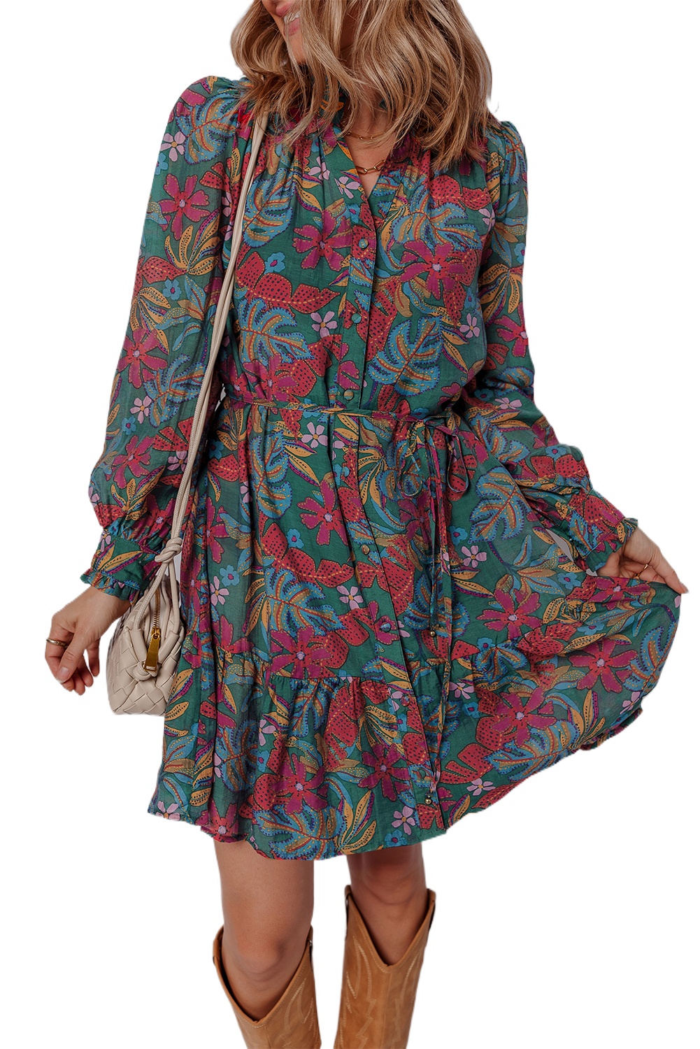 Women's Green Floral Frilled V Neck Puff Sleeve Ruffled Shirt Dress - Elegant Mini Dress - Main View