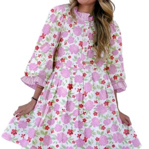 Women's Pink Floral Print Mini Dress with Striped Trim and Frilled Neck - 3/4 Sleeve Flared Design - Main View
