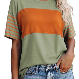 Women's Laurel Green Color Block Striped T-Shirt – Casual Summer Style for Daily Wear