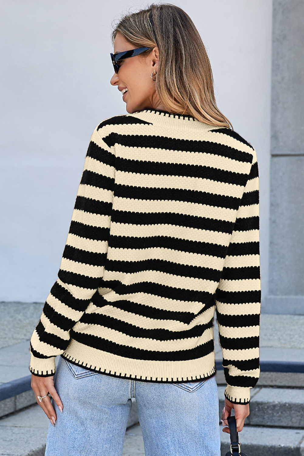 Casual Long Sleeve Cardigan Sweater - Stylish Apricot Stripes and Round Neck - Detail View 2
