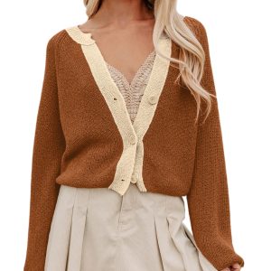 Women's Chestnut Color Block V-Neck Long Sleeve Cardigan – Casual Daily Layering for Fall Days