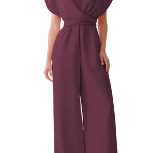Women's Burgundy Knot Waist Jumpsuit – Elegant Short Sleeve Round Neck Shift Romper for Daily Wear - Main View