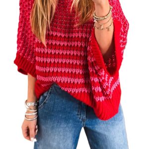 Women's Red Stripe 3/4 Sleeve Slouchy Sweater – Casual Summer Knit for Daily Wear