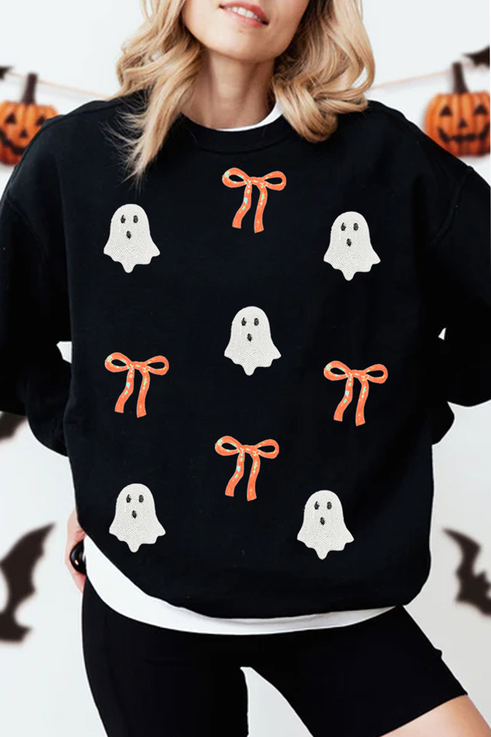 Casual Long Sleeve Black Sweatshirt with Halloween Ghost Design and Bow Detail - Detail View 2