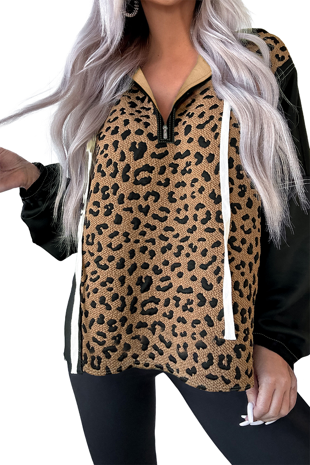 Casual Long Sleeve Leopard Print Hoodie for Women – Trendy Quarter Zip Pullover - Detail View 17