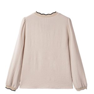 Women's Jet Stream Contrast Scallop Trim V Neck Long Sleeve Blouse - Casual Fall Fashion - Main View