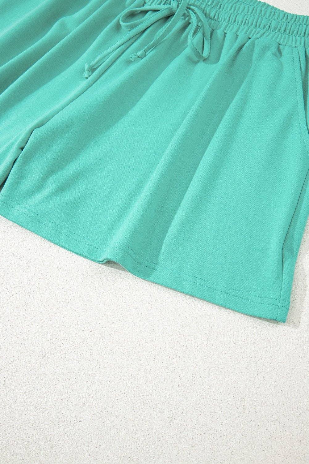 Plus Size Sea Green Drop Shoulder V Neck Pullover Top and Drawstring Shorts Set - Detail View 17