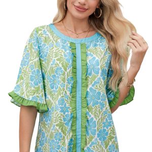 Women's Sky Blue Floral Blouse – Ruffled Half Sleeve Shift Top, Southern Belle Style - Main View