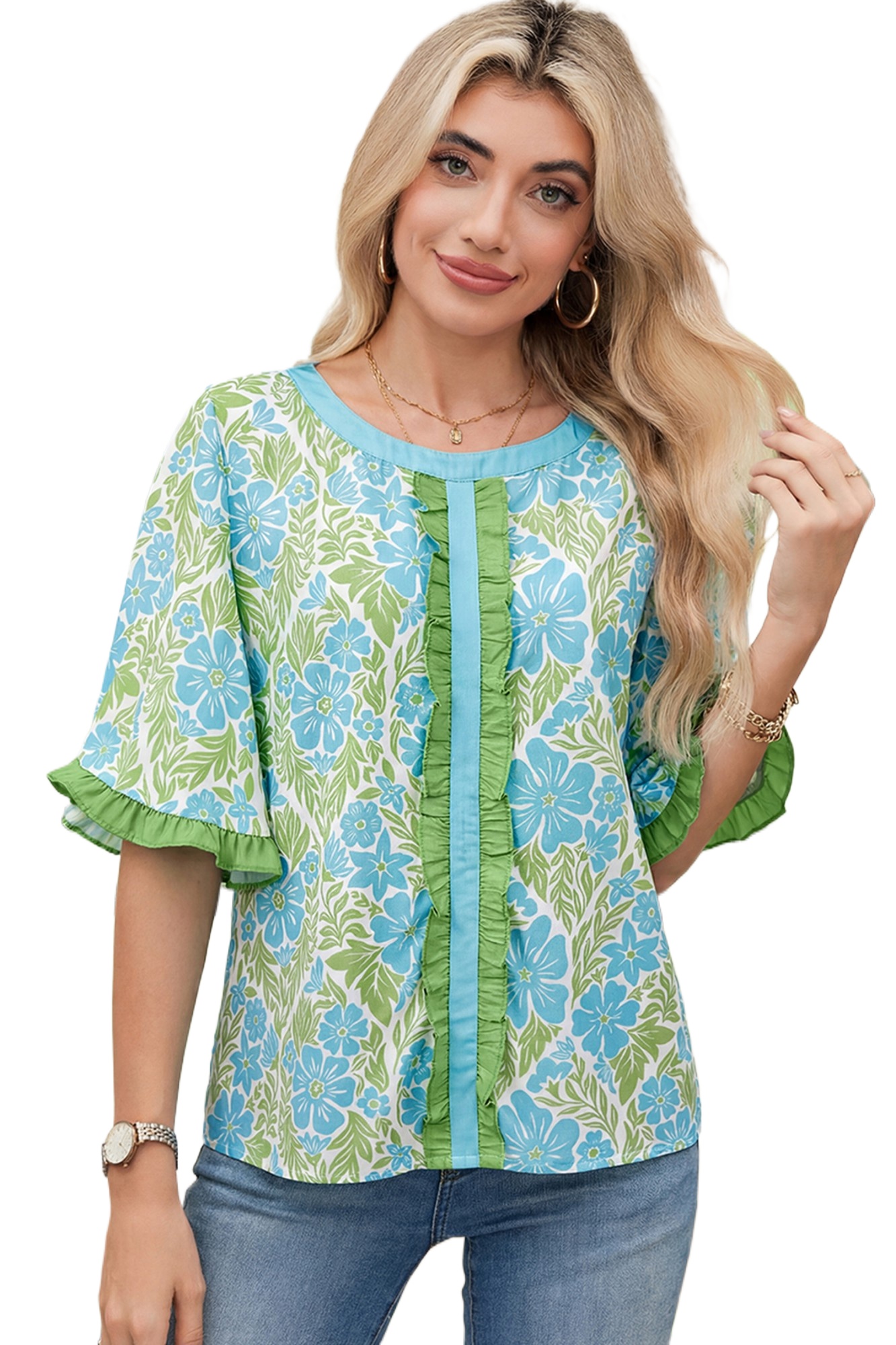 Women's Sky Blue Floral Blouse – Ruffled Half Sleeve Shift Top, Southern Belle Style - Main View