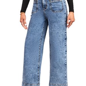Women's Blue Chic Patch Pocket Straight Leg Loose Jeans for Casual Wear - Main View