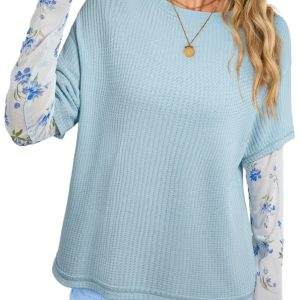 Women's Beau Blue Floral Lace Sleeve Top – Elegant Patchwork Design for Daily Wear
