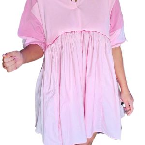 Women's Pink Color Block Patchwork Polo Mini Dress – Casual Summer Style