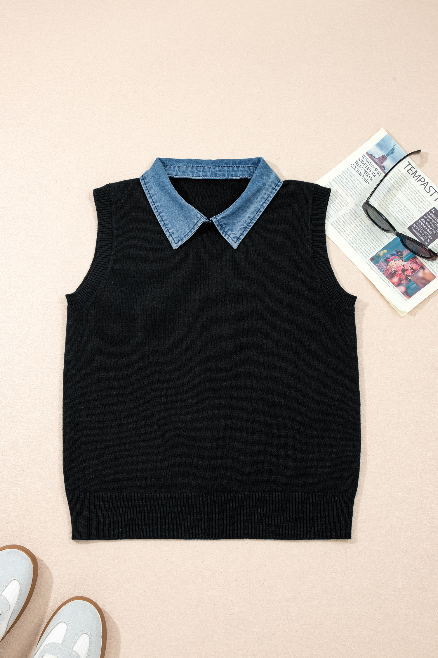 Sleeveless Knit Sweater Vest for Women – Contrast Denim Patchwork Collar, Summer Shift Silhouette Top - Detail View 5