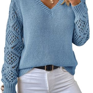 Women's Beau Blue V-Neck Pointelle Knit Sweater for Office Wear