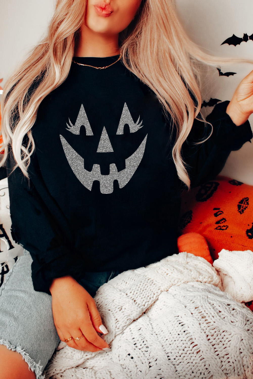 Women's Black Spooky Face Printed Halloween Baggy Sweatshirt - Casual Long Sleeve - Detail View 5
