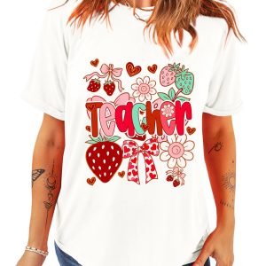 Women's White Cute Strawberry Floral Teacher Graphic Custom Tee - Main View