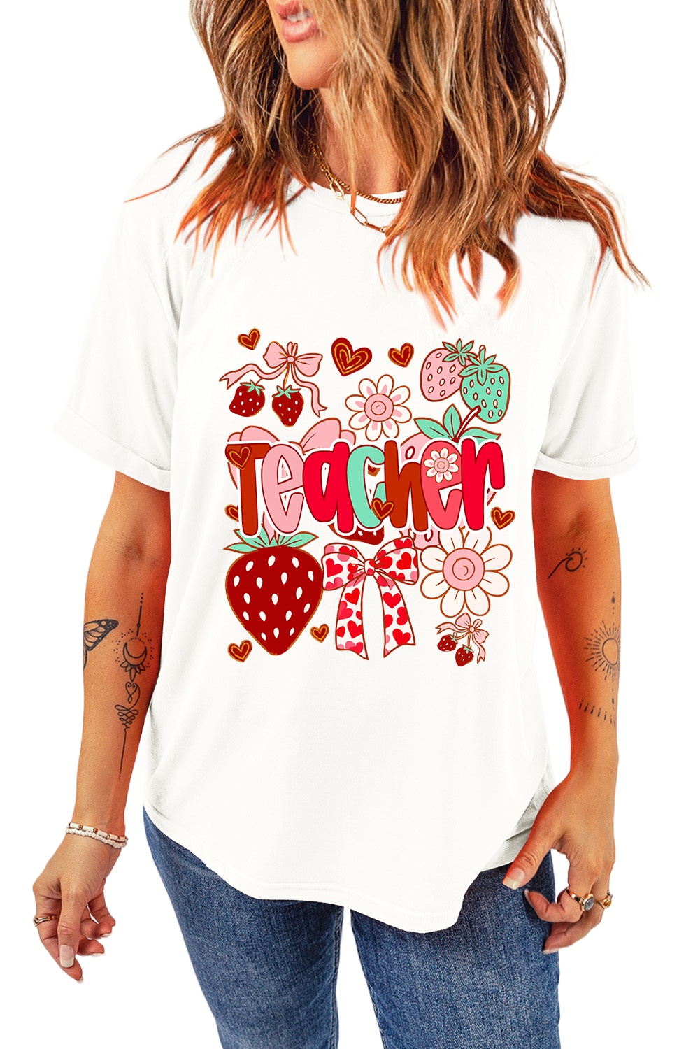 Women's White Cute Strawberry Floral Teacher Graphic Custom Tee - Main View