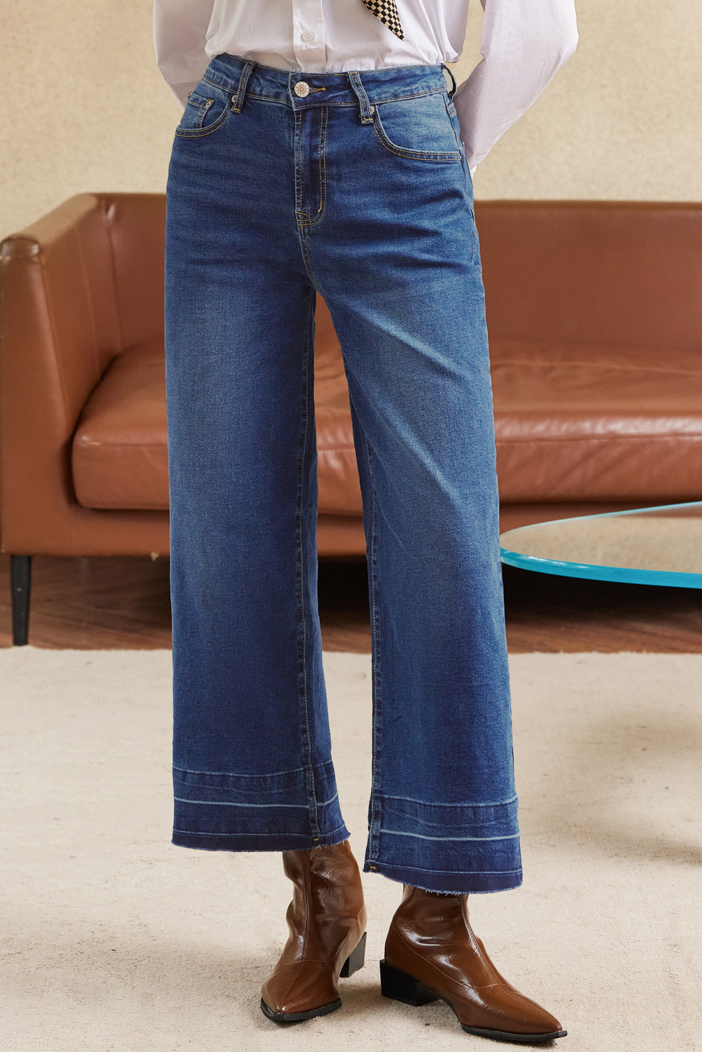 Women's Real Teal Raw Hem Straight Leg High Waist Jeans - Casual Loose Fit - Detail View 9
