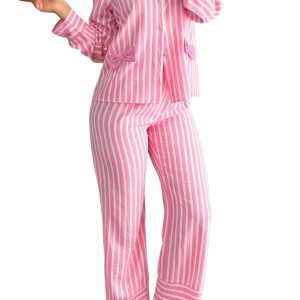 Charming Pink Stripe Long Sleeve Sleepwear Set for Women – Cozy Buttoned Top & Pants - Main View