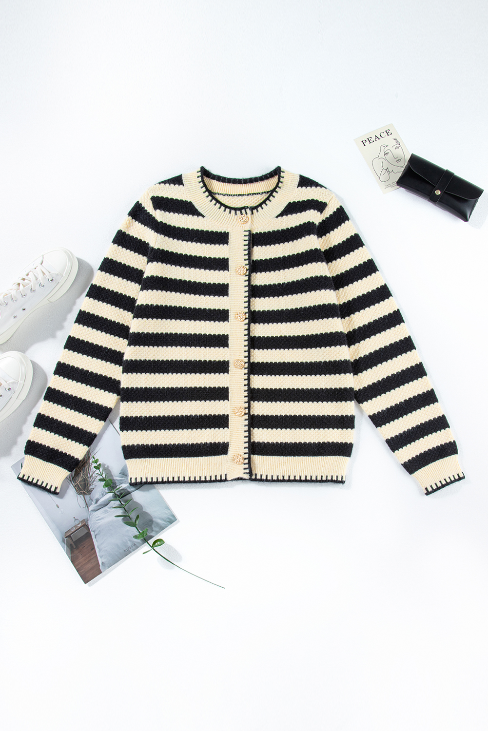 Casual Long Sleeve Cardigan Sweater - Stylish Apricot Stripes and Round Neck - Detail View 10