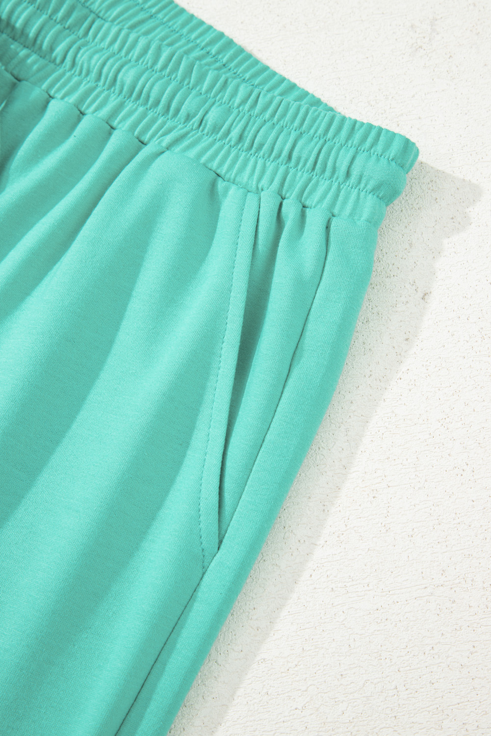 Comfortable Plus Size Long Sleeve V Neck Top with Drawstring Shorts in Sea Green - Detail View 15