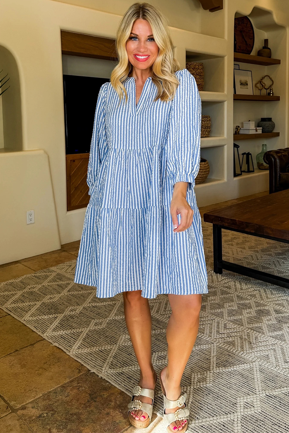Women's Sky Blue Stripe Bracelet Sleeve Tiered Shift Dress with Pockets - Detail View 5