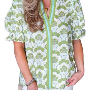 Women's Green Floral Clouds Ruffled Short Sleeve Blouse – Ideal for Summer Outings - Main View