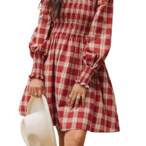 Women's Red Plaid Print Smocked Puff Sleeve Mini Dress – Casual Spring Style for Daily Wear