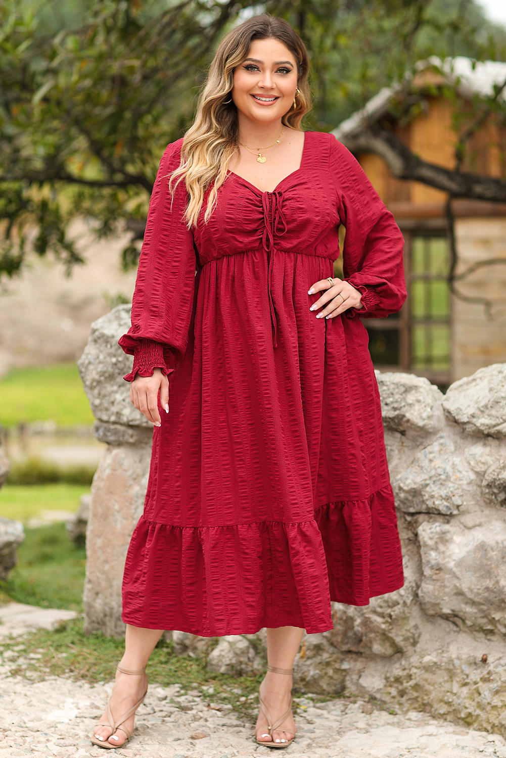 Fiery Red Plus Size Midi Dress with Lace-up Ruched Front and Ruffle Hem - Detail View 5