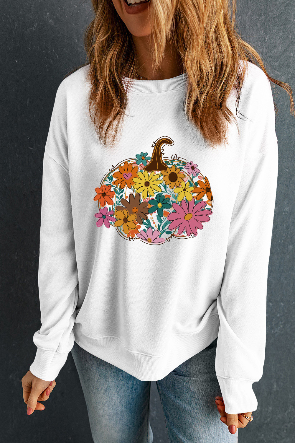 Women's Sweatshirt, White Floral, Pumpkin Graphic, Long Sleeve, Casual Style, Round Neck, Fall Collection, Autumn Fashion, Comfortable, Daily Wear, Shift Silhouette, Fruit & Plant Pattern - Detail View 8
