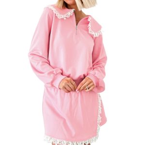Charming Pink Peter Pan Lace Embellished Neck Sweatshirt and Skirt Two Piece Set - Main View