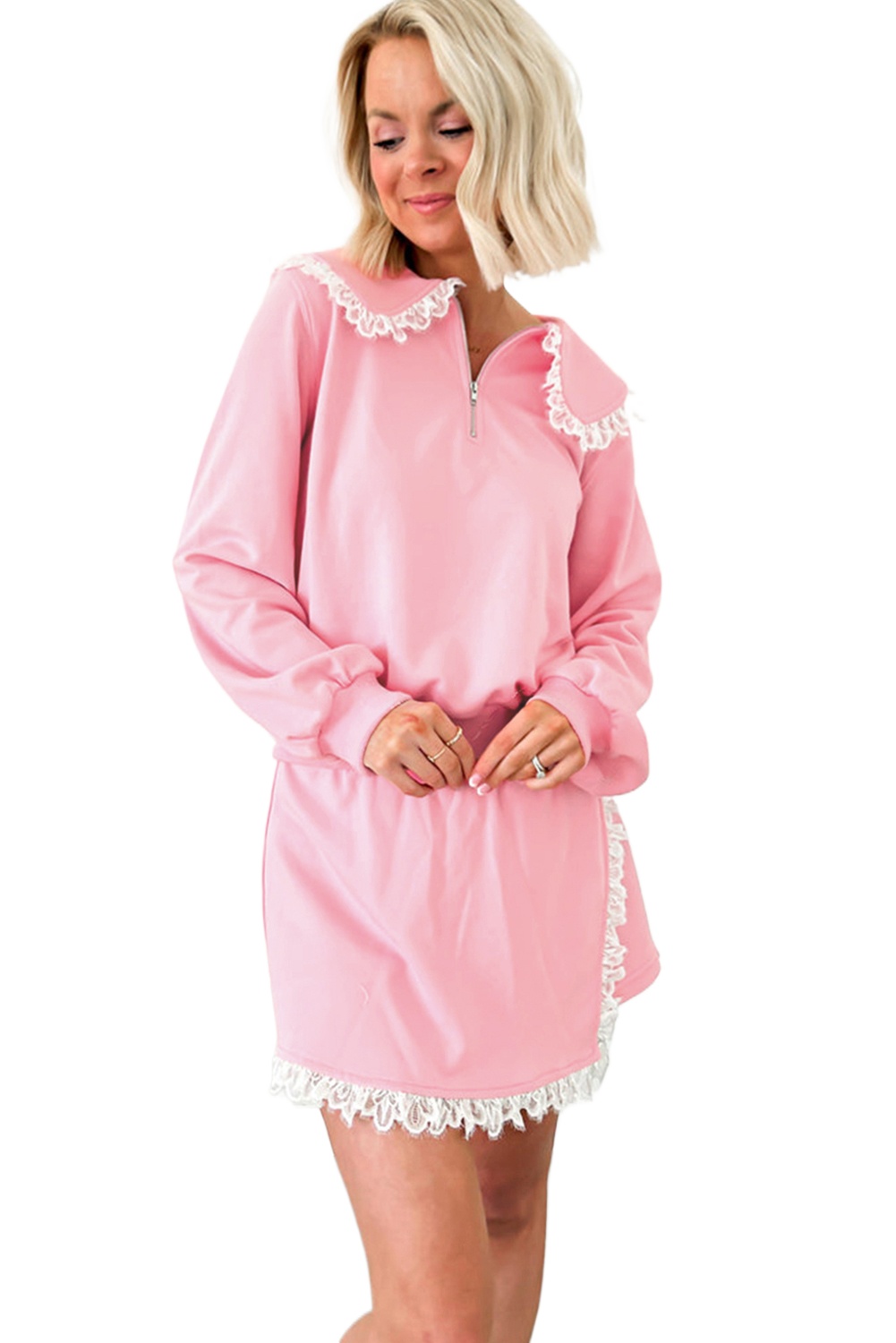Charming Pink Peter Pan Lace Embellished Neck Sweatshirt and Skirt Two Piece Set - Main View