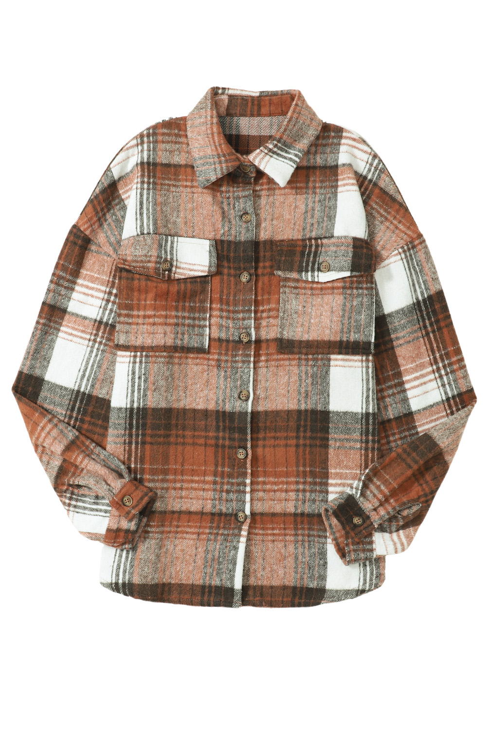 Brown Shacket, Plaid Print, Flap Pockets, Long Sleeve, Casual Style, Autumn Fashion, Daily Wear, Lightweight Outerwear, Easy Layering, Polyester Material, Trendy Design, Comfortable Fit - Detail View 16