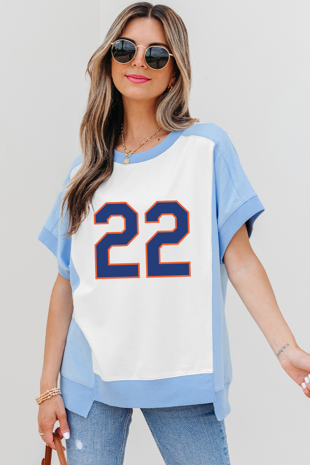 Summer Ready Sky Blue Letter Print T-Shirt - Casual Style for Game Day - Detail View 2