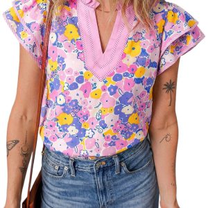 Women's Floral V-Neck Blouse – Pink Patchwork Flutter Sleeve Top for Daily Summer Wear - Main View