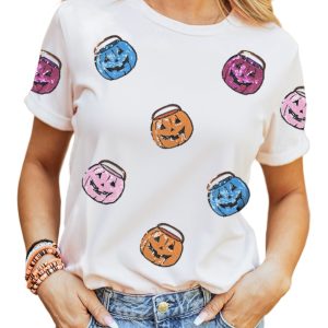 Women's White Sequin Pumpkin Face Crew Neck T-Shirt for Halloween - Main View