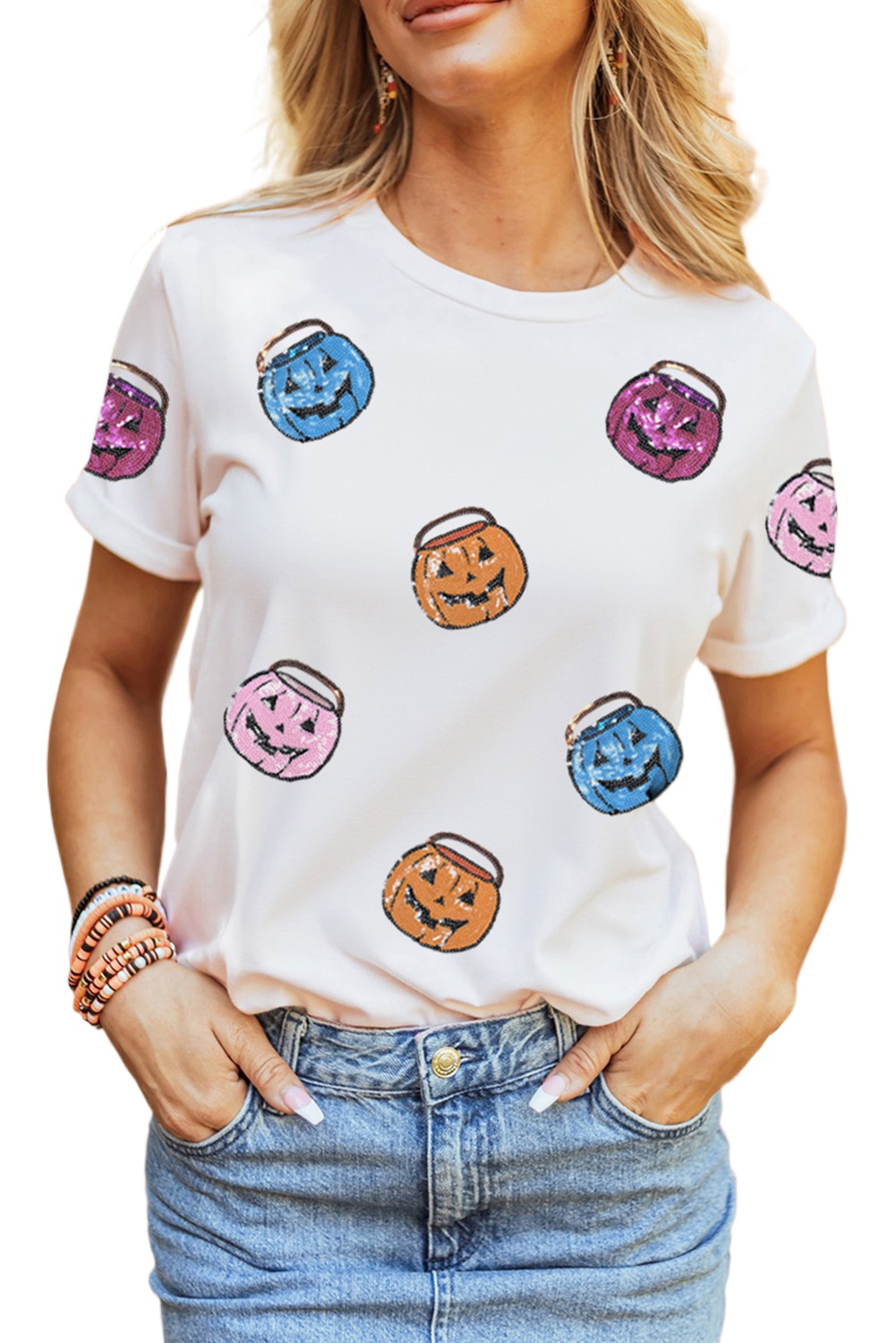 Women's White Sequin Pumpkin Face Crew Neck T-Shirt for Halloween - Main View